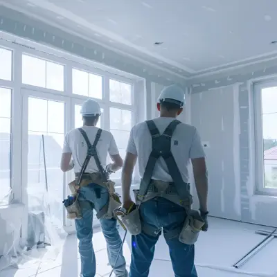 Zwei Handwerker in einem neuen Rohbau